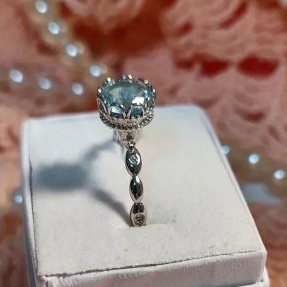Pave Jewelry - Size 8 Baby Blue Ladies Ring Silver Plated Solitaire